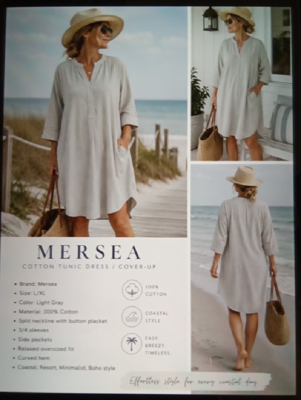Mer Sea Cotton Tunic Dress Coastal Boho Resort Cover Up Vacation Womens L/XL